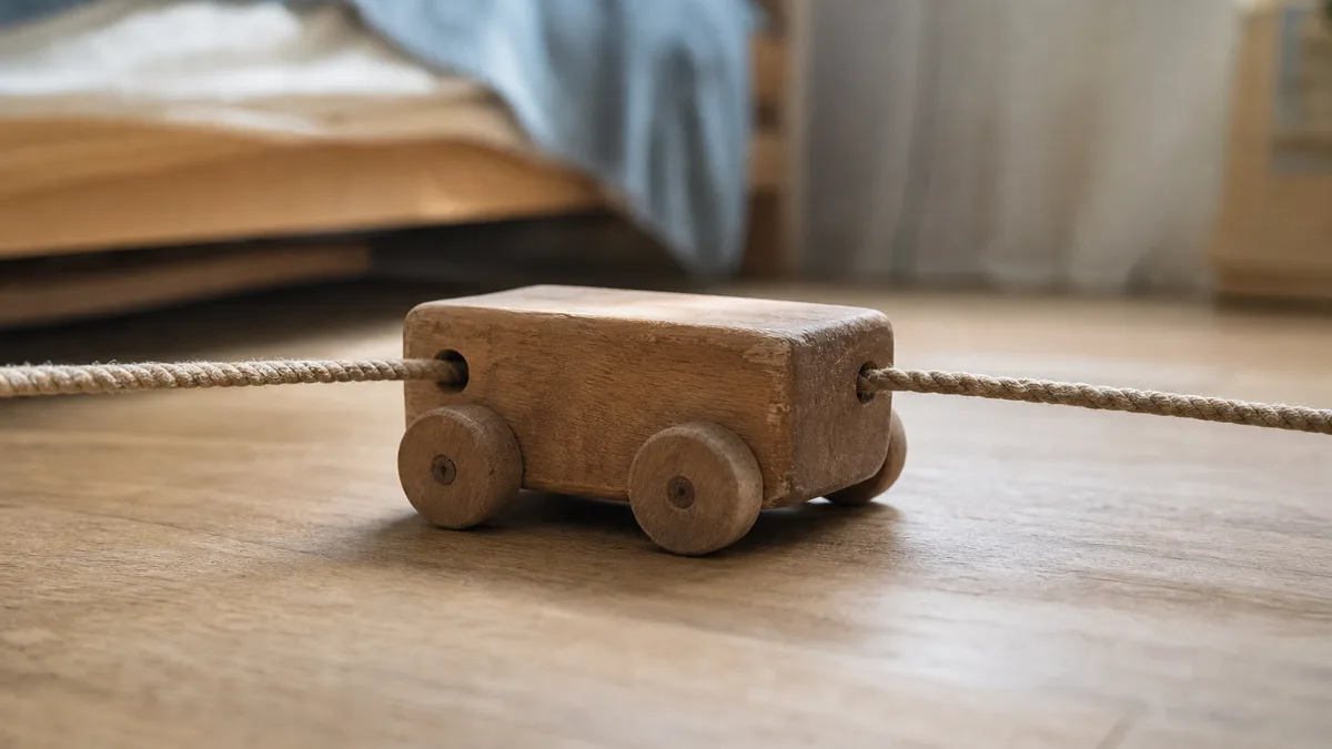 Zwei Kinder streiten am Tisch um ein Spielzeug, während ein Elternteil ruhig danebenkniet und vermittelt