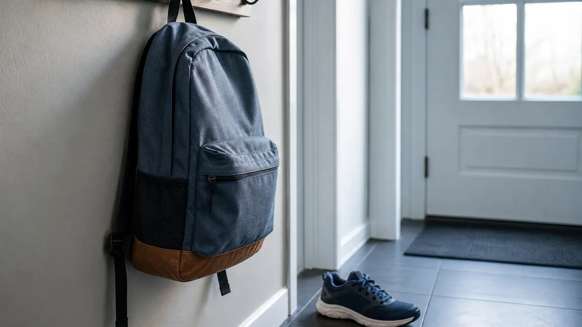 Kind mit Schulranzen zögert morgens an der Haustür, ein Elternteil hockt sich beruhigend auf Augenhöhe daneben
