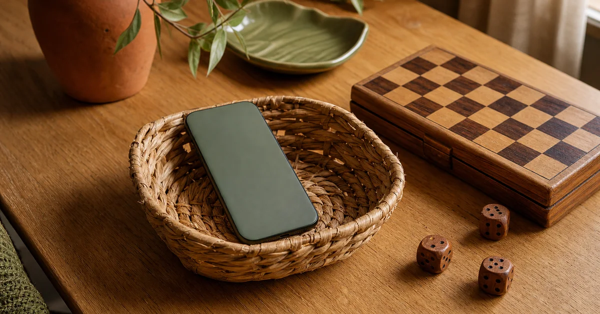 Kind hält ein Smartphone fest, während ein Elternteil am Küchentisch danach greift